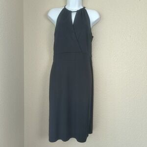 ANA TAYLOR LOFT black midi dress with short sleeves front and back neckline Sz 6